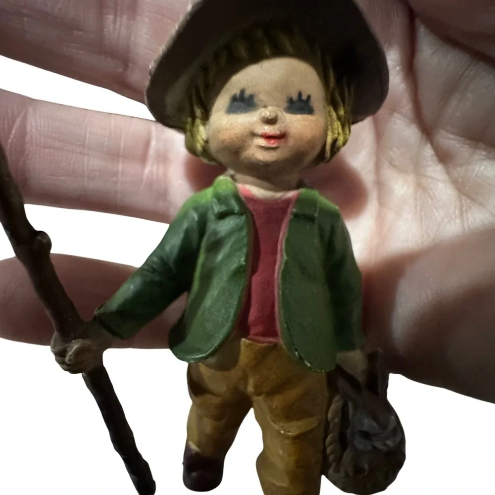 Vintage Hong‎ Kong Boy Figurine Ornament Hiker with Bunny Basket Walking Stick